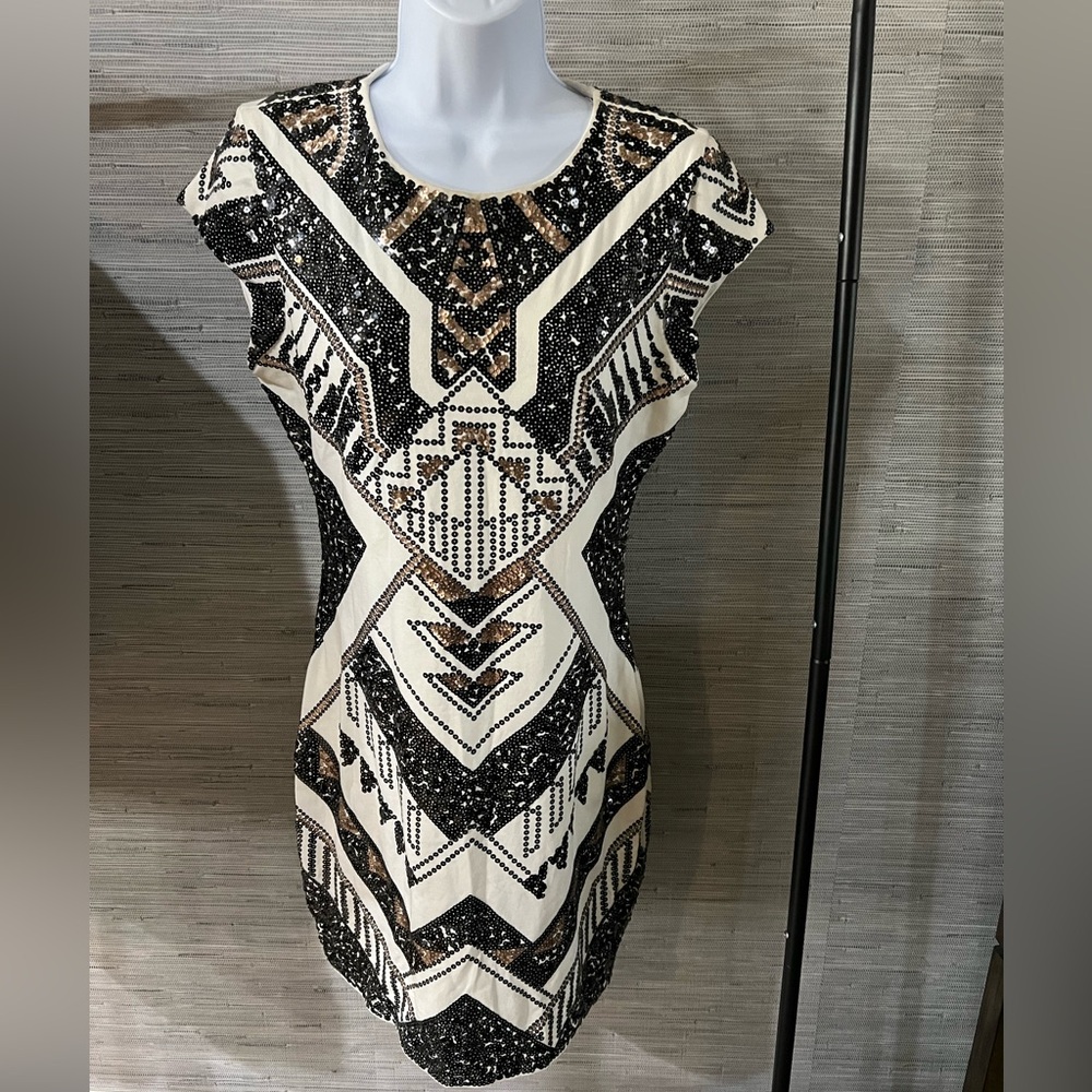 Express Black and Cream and Bronze Sequin Mini Dress.NWT